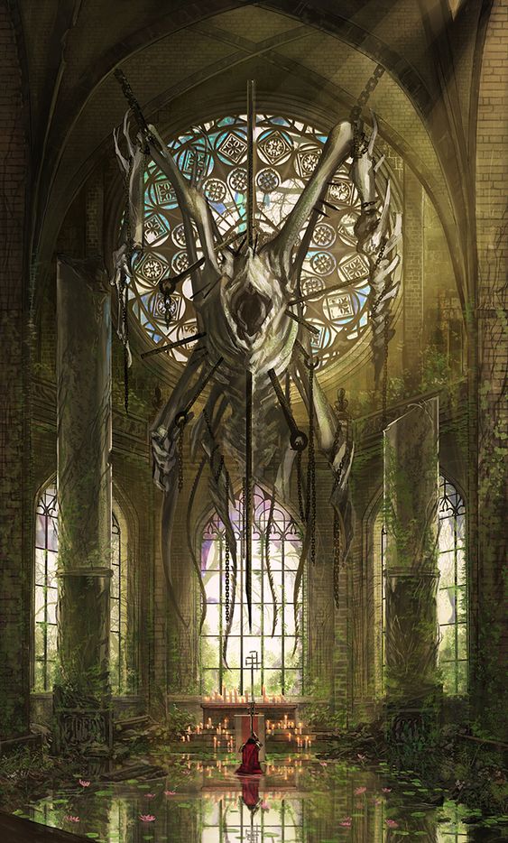 a dark and eerie cathedral is overrun with vines and plants. a monstrous creature, seemingly a skeletal, fleshy, and metallic amalgamation, is suspended from the ceiling, its chains swinging in the still air.  a figure stands at the foot of a flooded altar, surrounded by lit candles, their back to the viewer. the cathedral's stained glass windows add a touch of color to the otherwise somber scene.