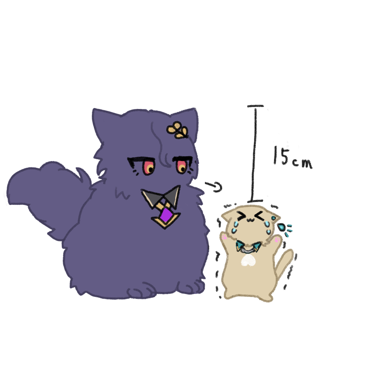 a cartoon illustration of a purple cat standing beside a small, yellow cat. the purple cat is tall and fluffy, while the yellow cat is small and has a cute expression on its face.  the illustration is set against a white background. the tall cat appears to be happy and the small cat appears to be a bit overwhelmed by the larger cat. the illustration is drawn in a cartoonish style.