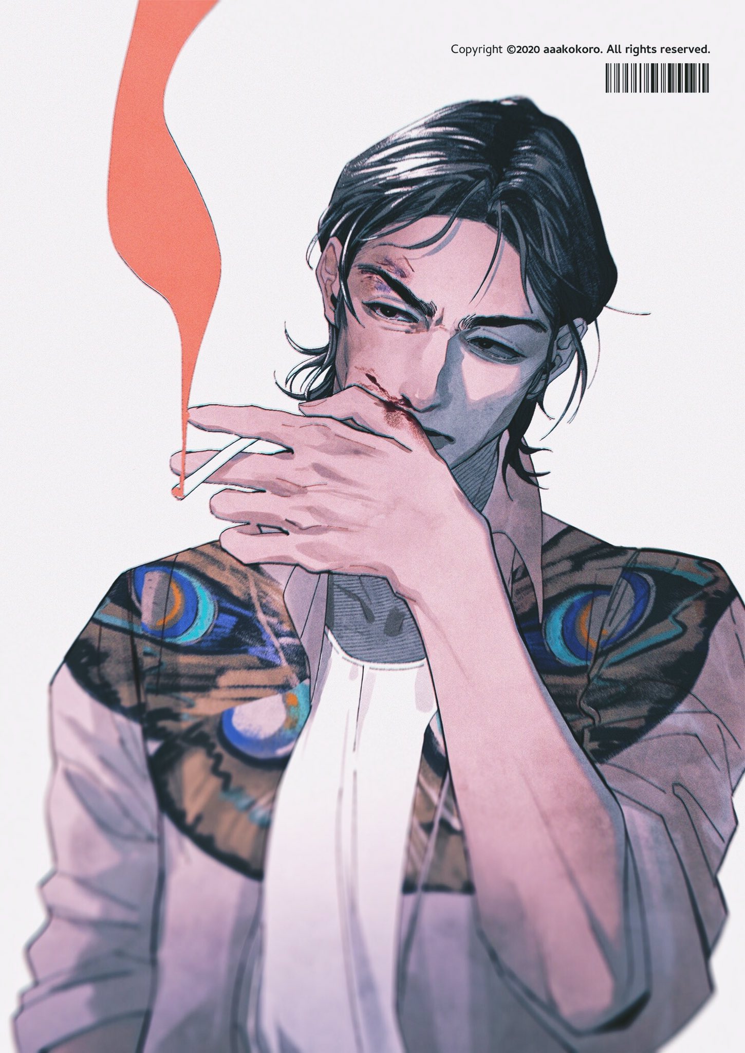 the illustration features a young man with short, dark hair and noticeable bruises on his face, suggesting a recent fight or injury. he is shown smoking a cigarette, his expression a mixture of brooding and contemplative. the man is dressed in a stylish ensemble consisting of a white shirt with a striking butterfly pattern and a plain white tshirt underneath. the background is a simple white, drawing all attention to the subject and his contemplative state.