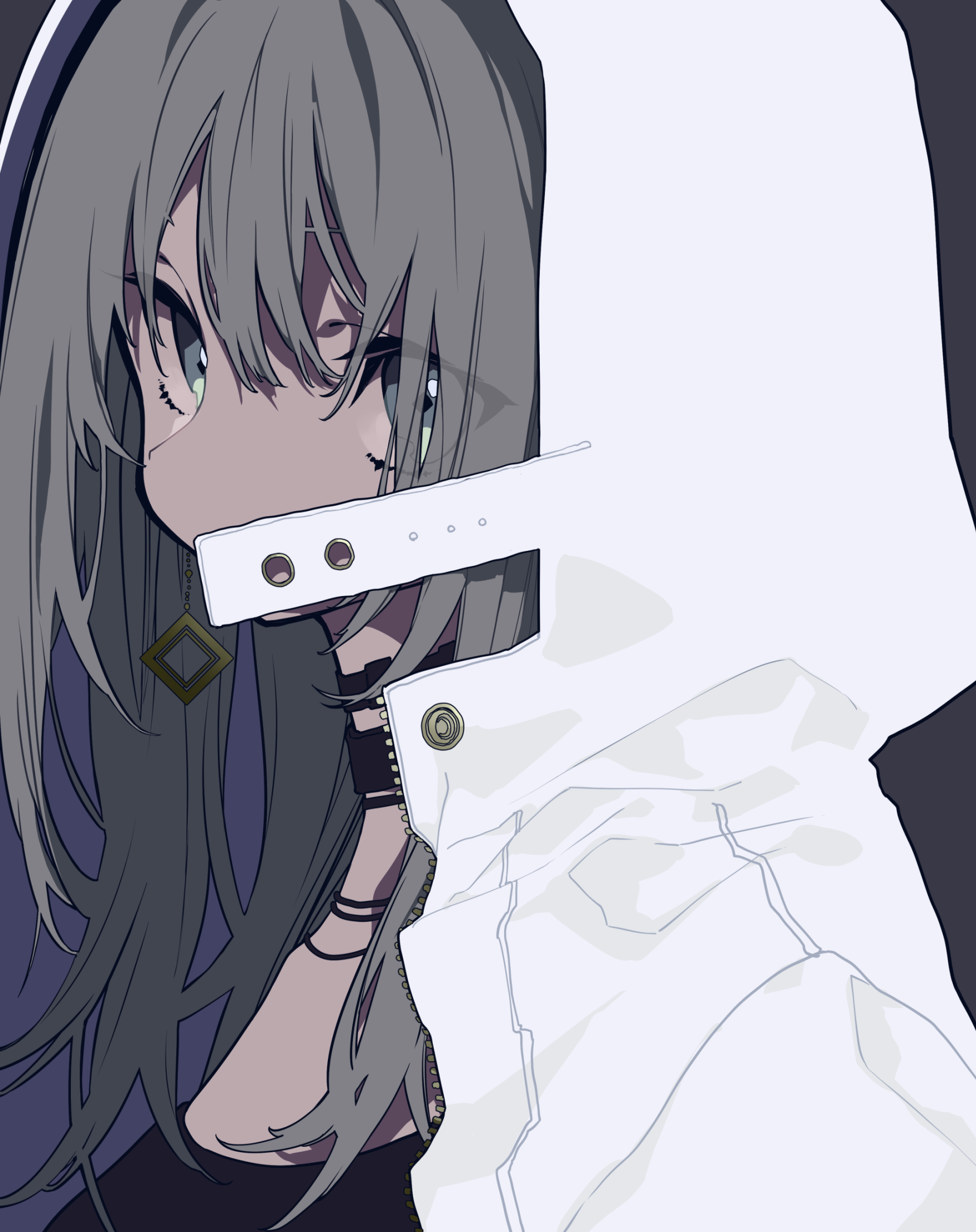 the image shows an anime girl with grey hair, wearing a black chocker with white hoodie. she also has an earring in the shape of a diamond.
