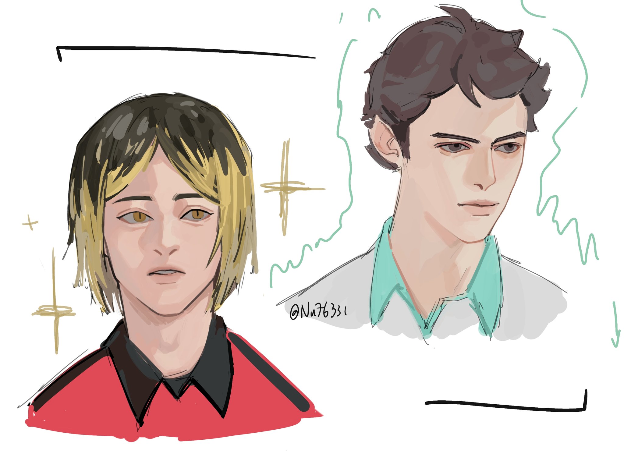two digital cartoon drawings of anime boys. the boy on the left is drawn with blonde hair, black eyes, and he is wearing a red shirt with a black collar. the boy on the right is drawn with brown hair, brown eyes and he is wearing a white shirt with a light green collar. both boys are looking forward with a neutral expression. the drawings are done in a light and detailed style. the background is white and both boys are outlined in black lines.