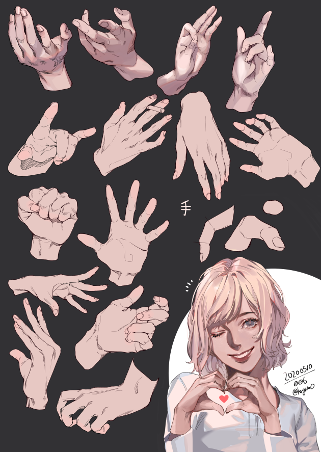 the image is a digital drawing that combines a collection of diverse hand poses and gestures with a stylized female character. the hand drawings are presented in various positions, showcasing different angles and forms. they appear to be a reference sheet or study, intended for artists to learn from and improve hand drawing skills.  the female character, who has blonde hair and light skin, is positioned to the right of the hand drawings and is making a heart shape with her hands, offering a contrast to the more technical hand studies.  the overall style is a blend of anime and manga aesthetics with a soft, slightly muted color palette.  there's a date and artist signature subtly placed in the bottomright corner.