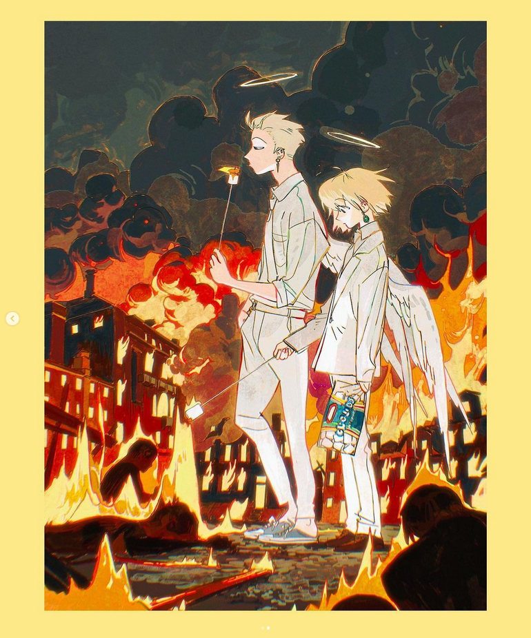 two angels with halos are standing in the middle of a burning city. the city is engulfed in flames and smoke, and the air is filled with the smell of burning wood and metal. the angels are dressed in white clothes, and they are holding sticks with marshmallows on them. they are looking at the fire with a mixture of curiosity and horror. the image is surreal and apocalyptic, suggesting that the world is ending. it could be a commentary on the destruction that humans cause to their environment and the consequences of their actions.