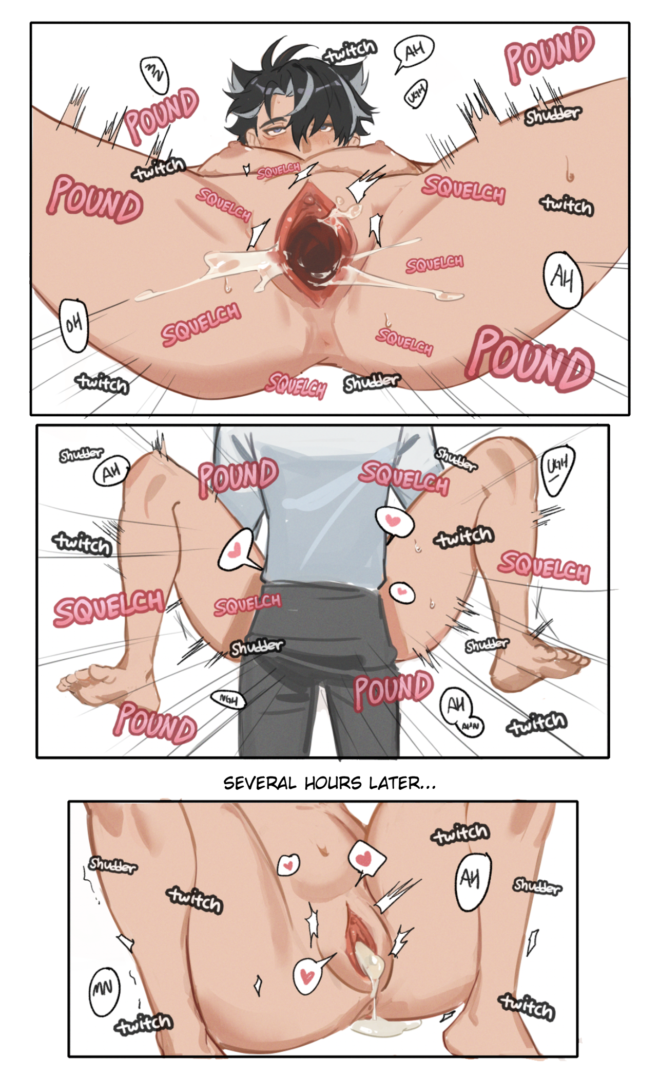 he image is a threepanel manga depicting a sexual encounter between two men. the first panel shows a man on his back with legs spread wide, being penetrated anally by another man who is not fully visible.  the second panel shows the same scene, but with a better view of the top's body, emphasizing the act of intercourse. the third panel shows the bottom man sitting after the act, with cum visible.  onomatopoeia like "pound," "squelch," "twitch," and "shudder" are used throughout to illustrate the intensity of the encounter. the final panel is labeled "several hours later..." implying the completion of the act. the style is soft and somewhat cartoonish.