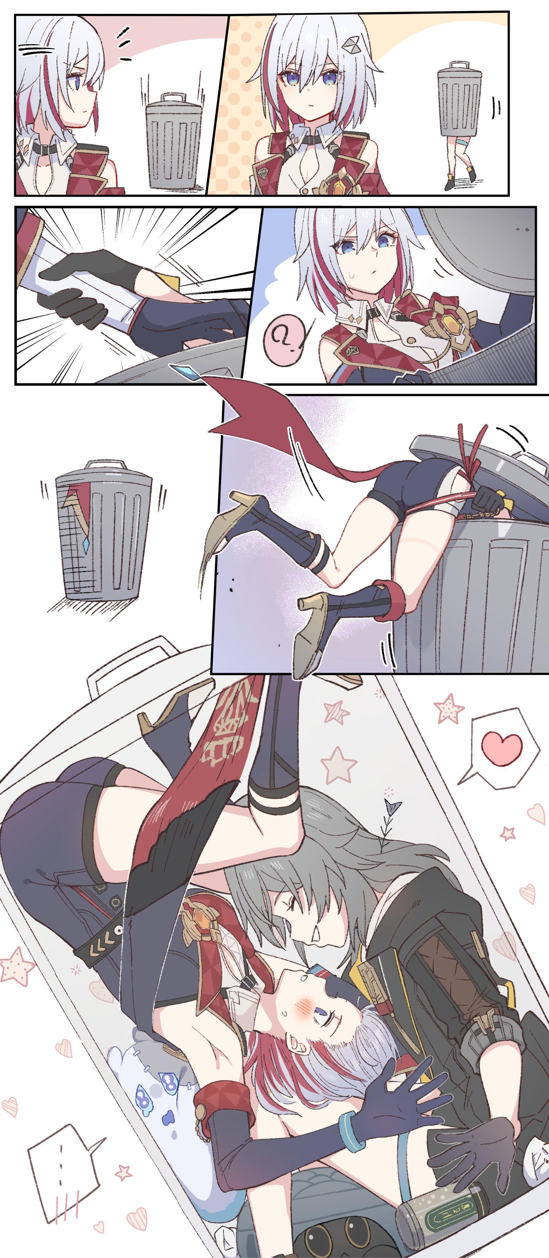 his is a multipanel comic strip featuring animestyle girls. the first few panels show two girls interacting with trash cans, one appearing to be throwing something away while the other one is seemingly rescuing something. subsequent panels show a more intimate scene between two other girls, suggesting a romantic relationship. the overall style is cute and playful, with a pastel color palette and soft linework. the girls have expressive faces and dynamic poses.