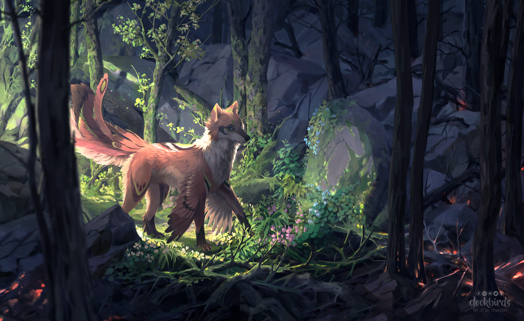 the image shows a ninetailed fox, a kitsune, standing in a dark forest. the forest is burnt and dead on the right side of the image, while the left side is vibrant and green. the fox is standing in a patch of light, looking towards a glowing portal that is surrounded by flowers. the overall atmosphere is one of magic and mystery.