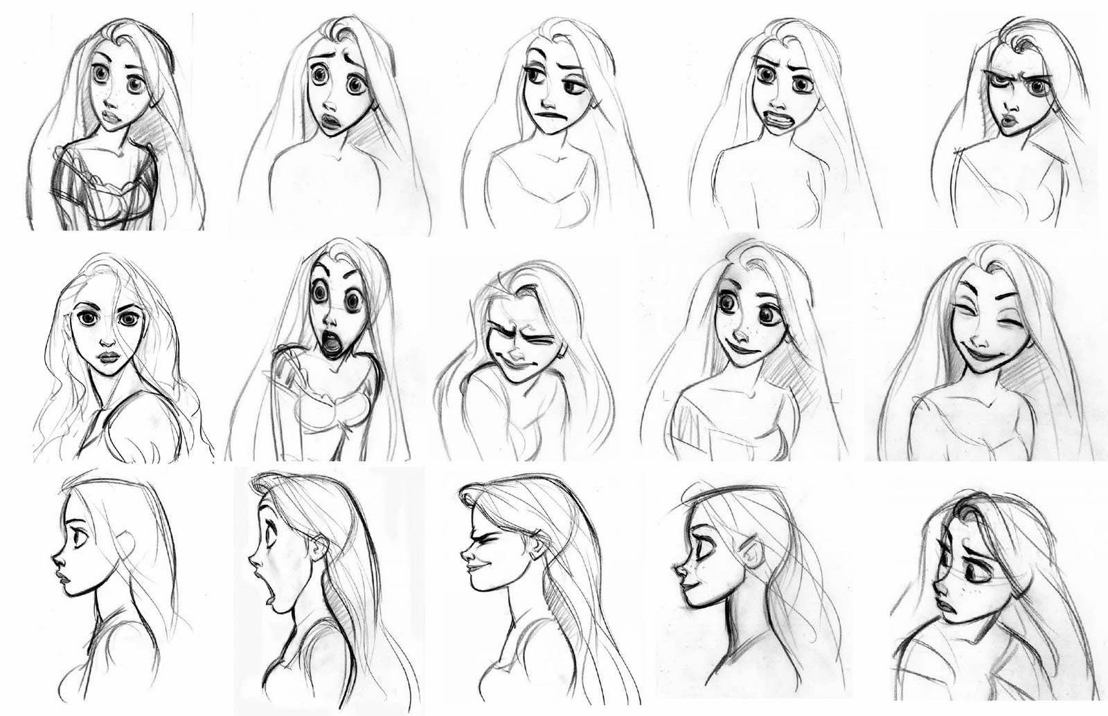 this image shows fifteen different sketches of rapunzel from disney’s tangled. the drawings show a range of emotions conveyed through different facial expressions and some slight body language. each drawing is a simple pencil sketch with no color or background.