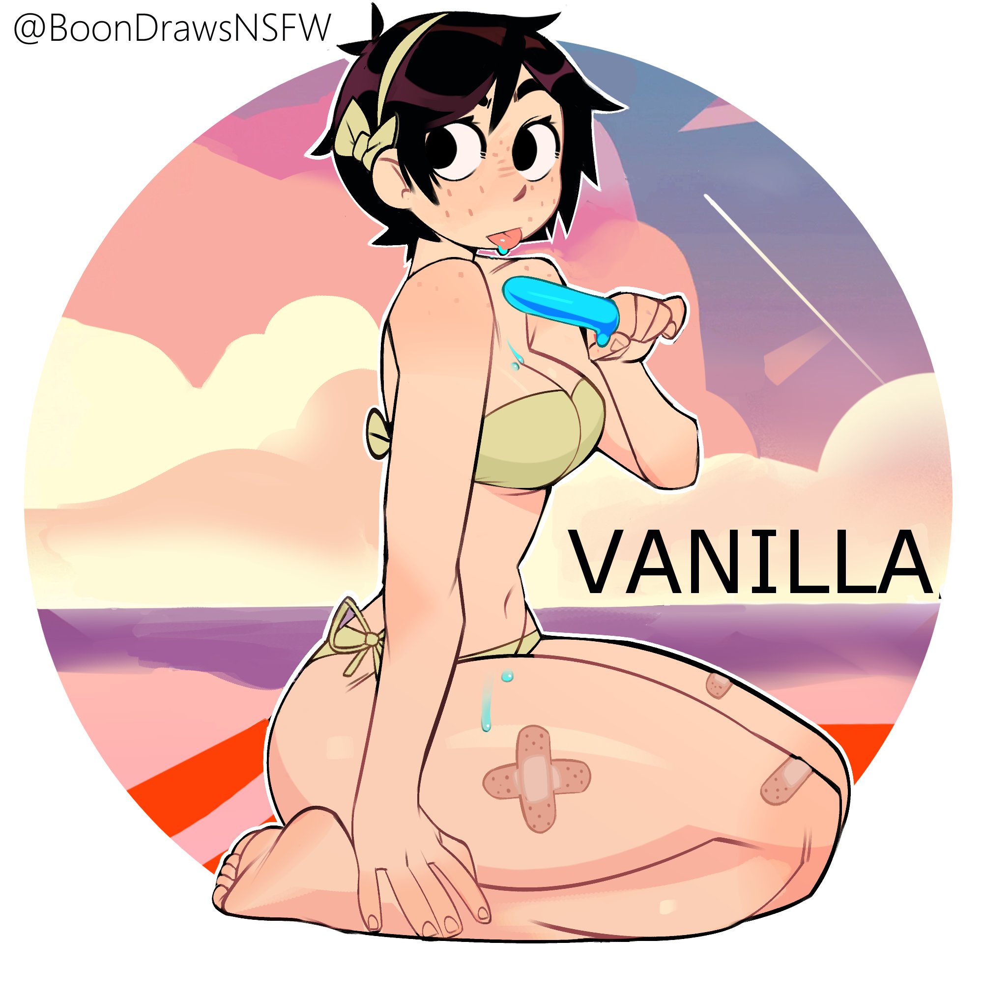 the image is a digital illustration of an anime girl. she is wearing a bikini and sitting on a beach with a popsicle. she has short, dark hair and a cute, friendly face. the background is a sunset over the ocean. there are also clouds in the sky. the girl is licking the popsicle and appears to be enjoying her time at the beach. the word "