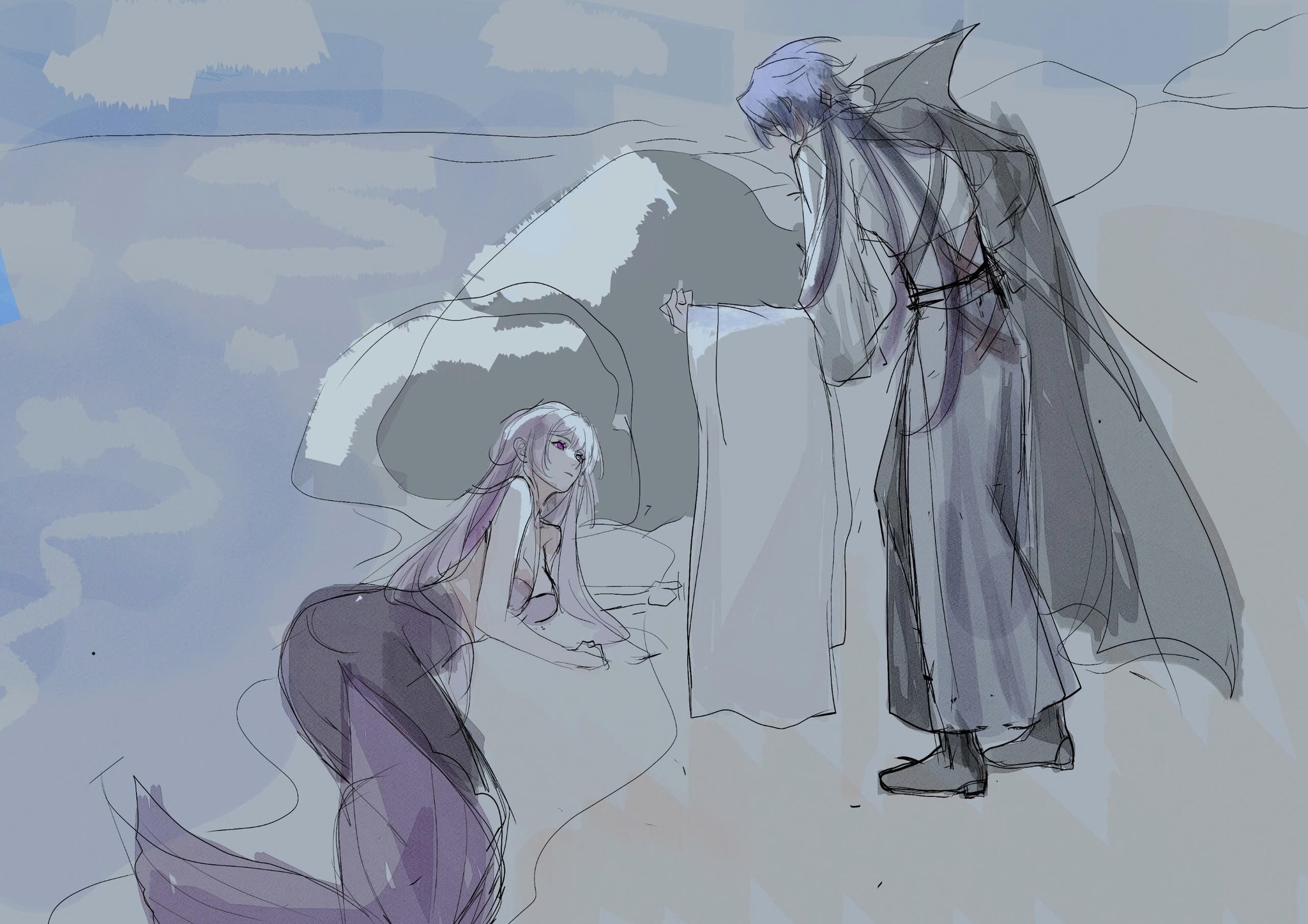 this is a drawing of an anime mermaid woman with a purple tail and a white robe man, standing on a beach by a cave. the woman is looking up at the man while he looks down at her. the background is a light blue sky with white clouds. the image is sketched and looks like a work in progress.