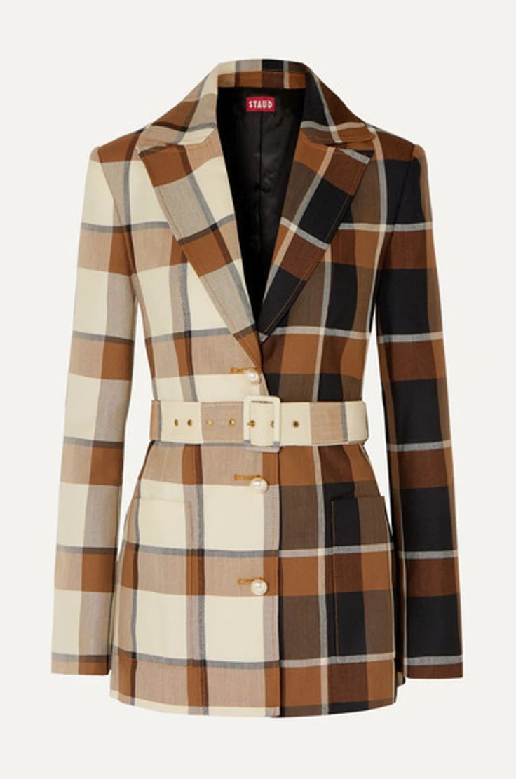 a women's blazer in a brown, black, and cream plaid pattern, with a matching belt, button closure, and branded label.