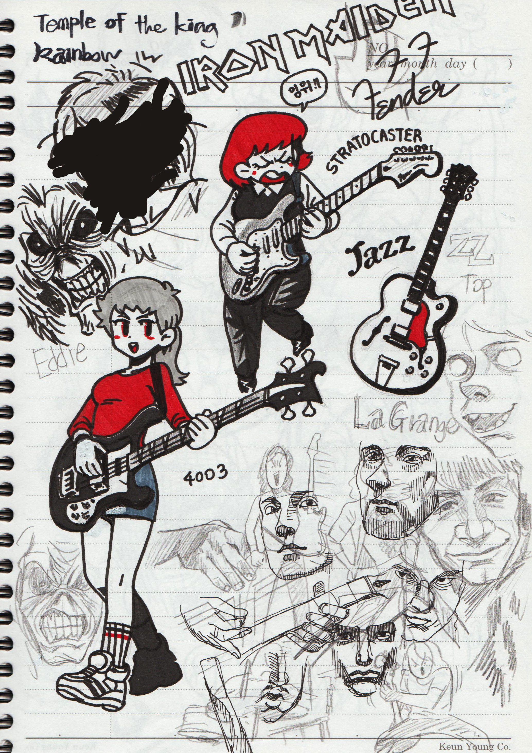 a handdrawn illustration on a notebook page, filled with doodles and drawings related to iron maiden, a british heavy metal band. the central figure is a cartoonish depiction of the band's mascot eddie, holding a bass guitar. surrounding eddie are drawings of guitars, including a fender stratocaster and a jazz bass. the page is also filled with other doodles, including a grinning face, a hand, and the words "rainbow," "iron maiden," "eddie," "fender," "stratocaster," "jazz," "la grange," and "top." the illustration seems to be a tribute to iron maiden, a reflection of the artist's love for the band.