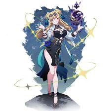 an animestyle woman with blonde hair and blue ribbons in her hair is standing in a pose. she is wearing a black dress with a high slit, high heels, and a white fur collar. she has a cape with blue accents. she is holding an orb in one hand, and there are stars surrounding her.