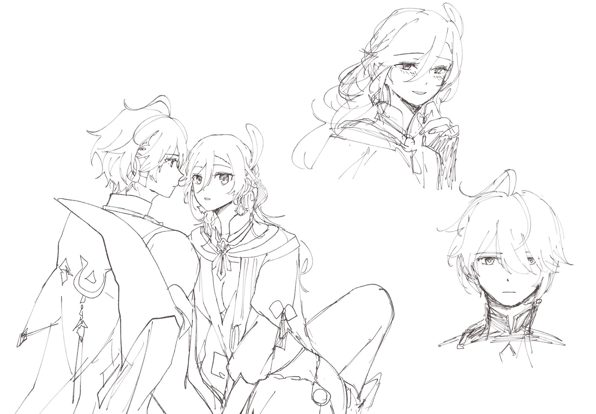a sketch of an anime couple, a boy and a girl, the boy is holding the girl's hand and they are looking at each other with smiles on their faces.  the girl is sitting on the boy's leg. there is also a sketch of a boy with short hair and a serious expression.  the sketches are drawn in black and white.