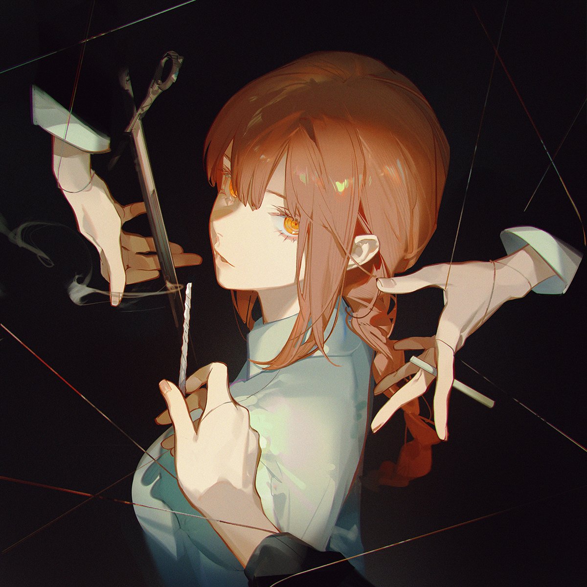 the image is a stylized portrait of makima from the anime and manga series chainsaw man. she is depicted in profile with her head turned to the left, against a dark background. her reddishbrown hair is styled with a braid visible. she has striking orange eyes. around her are several hands, some holding a pair of scissors, a cigarette, and a thin, white stick. thin lines are visible throughout the composition.