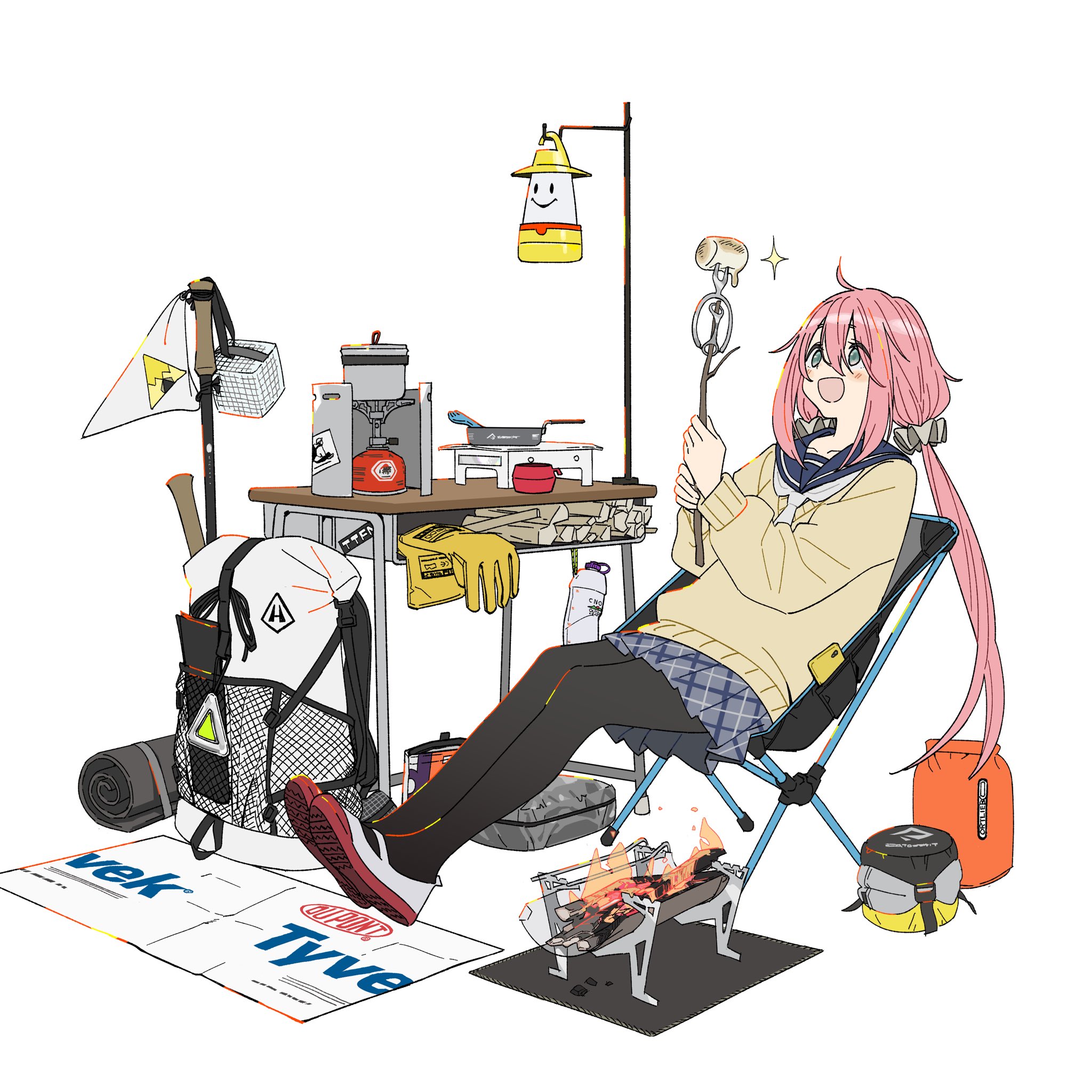 an animestyle illustration depicts a young girl with pink hair happily roasting a marshmallow over a small campfire. she's seated in a portable camping chair, surrounded by various camping equipment including a backpack, cooking stove, lantern, and other supplies neatly arranged on a table.  the overall scene is bright and cheerful, suggesting a pleasant and carefree camping experience.  the style is clean and detailed, with a focus on the girl and her surroundings.  the image is likely promotional material, given the visible branding on some of the equipment.