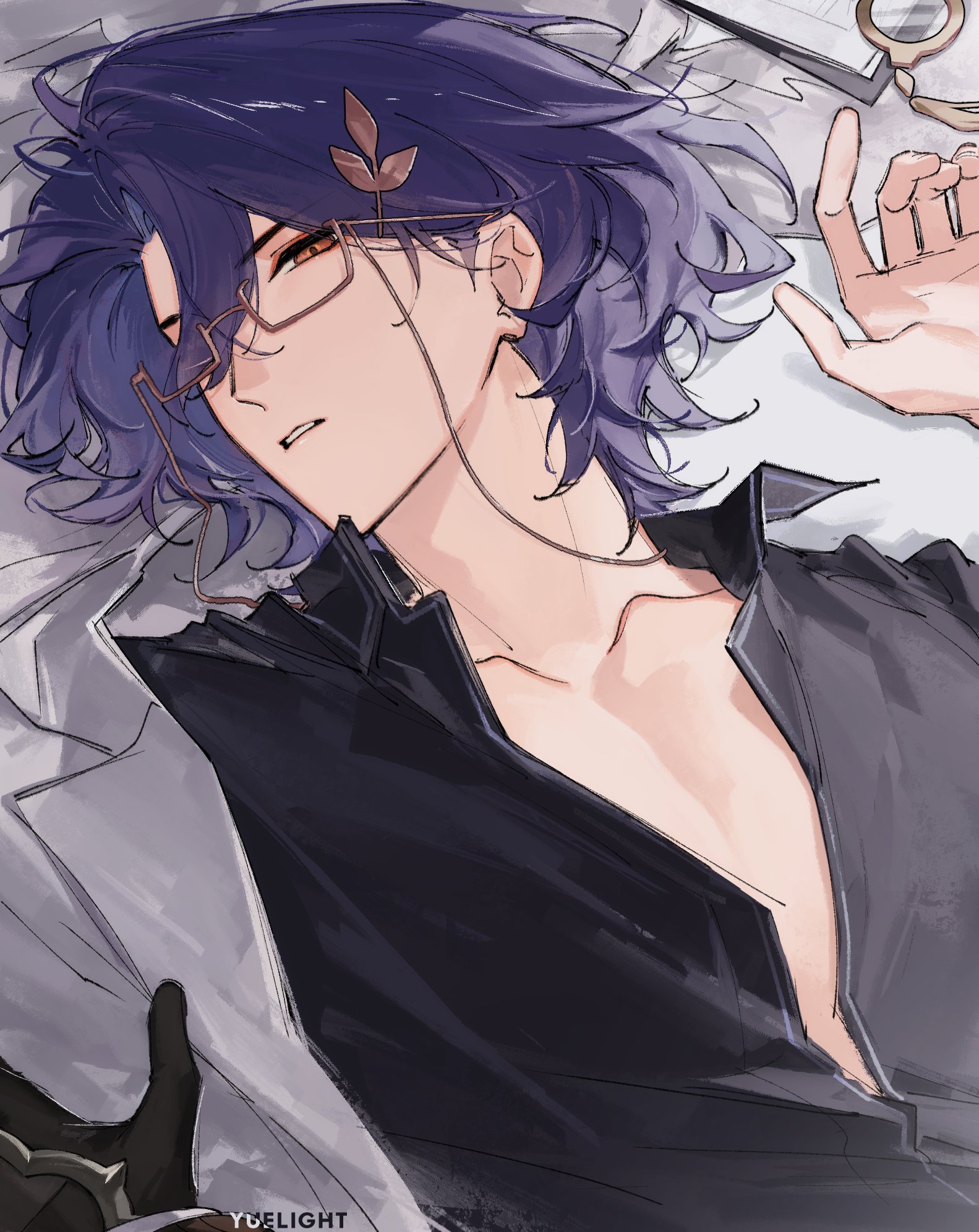 the image is a digital fanart depicting a young animestyle male character. he has long, purplishblue hair,  is wearing glasses and a dark, open collared shirt over a lightercolored undergarment.  a small, delicate floral ornament is in his hair.  he appears to be lying down, possibly asleep or resting,  with a relaxed and somewhat languid pose. the art style is soft and dreamy, with muted colors and a focus on delicate details. the overall impression is one of quiet elegance and gentle beauty.