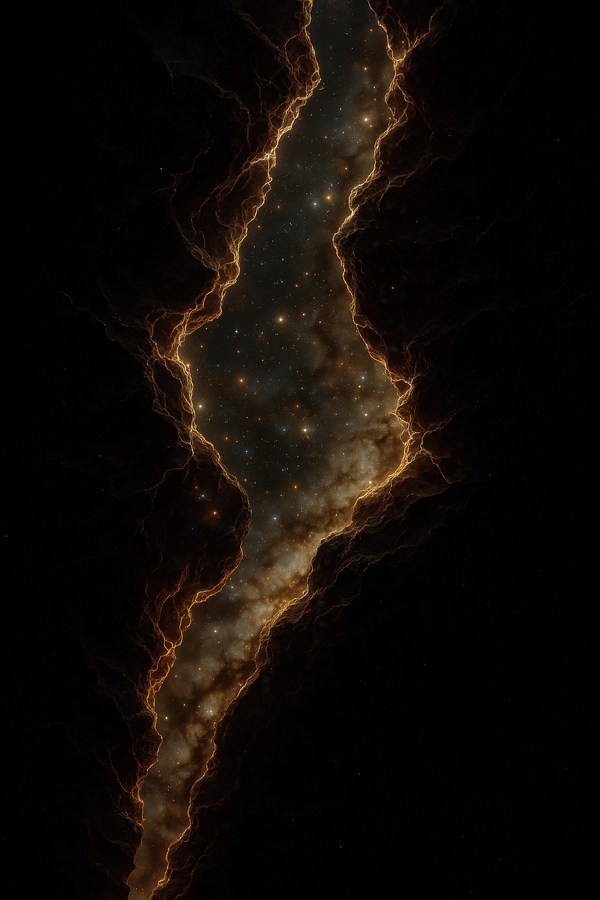 the image depicts a dramatic and artistic representation of space. a dark, cracklike opening is bordered by textured, fractallike edges with a golden, glowing outline. within the opening, a nebula with numerous stars is visible, creating a sense of cosmic depth and wonder. the overall composition conveys a sense of the vastness and beauty of the universe.