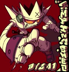 a dynamic, closeup illustration of a stylized robot in a fighting pose, drawn in a comic book style with bold lines and vibrant colors against a red background, reminiscent of graffiti art. the robot features sharp angles, exaggerated limbs, and a mischievous expression. japanese text flanks the right side of the image, adding to the energetic and graphic feel.