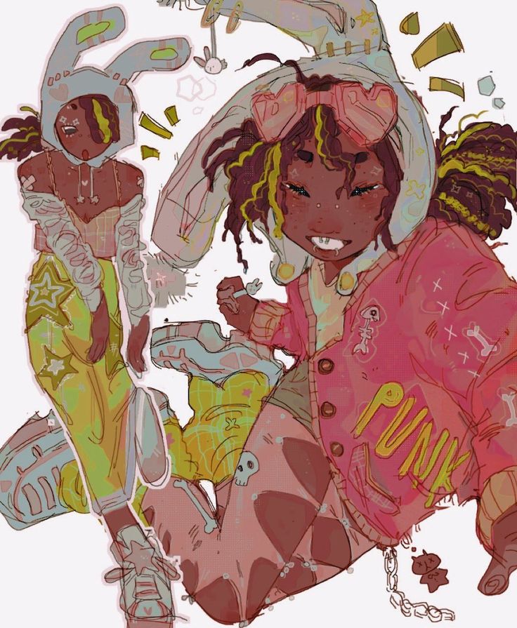 two anime girls, one wearing pink jacket and the other wearing blue shirt. both the girls have bunny ears, and one of the girls has black hair with a punkinspired style. both are wearing colorful outfits and have star and skull designs on their clothes. the girl in the pink jacket has a chain around her waist.