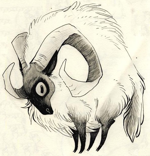 a black and white drawing of a fantastical ram, curled up with its head almost touching its rear, with only one eye visible. the ram is stylized with long, flowing fur and curly horns. the drawing has a whimsical and fantastical feel to it.