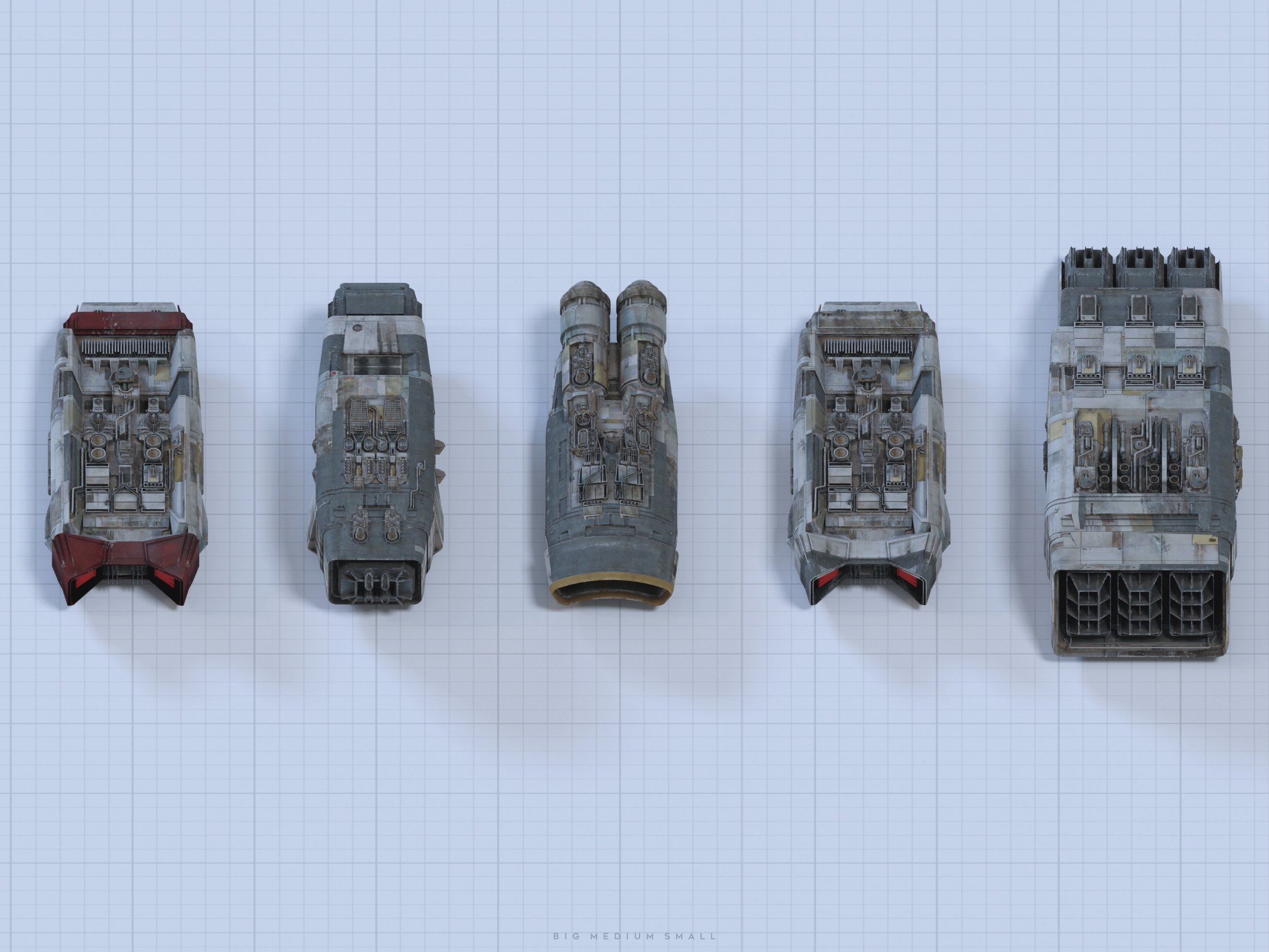 the image showcases a digital rendering of five spaceship models arranged in a row on a gridded background.  the ships are similar in design but vary significantly in size, progressing from large to small from left to right. the text "big medium small" is subtly present at the bottom to indicate the scale differences. the spaceships are depicted from a topdown perspective, revealing detailed designs of their engines and other components. their surfaces appear weathered and worn, suggesting age and use. the grid background suggests a technical or blueprintstyle presentation.