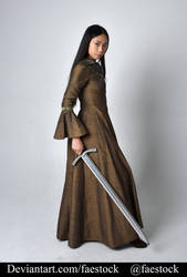 a fulllength studio shot of a young asian woman posing in a long, brown medievalstyle gown. she holds a silver sword in her hand. the background is plain grey, providing a clean and simple setting.  her expression is serious, and she appears elegant and graceful.