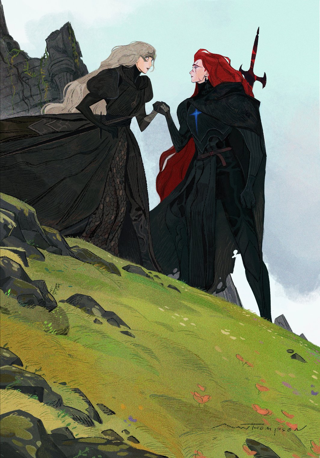 the artwork depicts a fantasy scene with two figures standing on a grassy hill against a backdrop of cloudy sky and rocky ruins. the female figure, dressed in a black gown and with long flowing blonde hair, appears regal and graceful. she is reaching out to the male figure, a knight in black armor with a long red cape and sword. he is looking towards her with a serious expression. the artist has used a soft and painterly style to create a sense of wonder and magic. the overall composition conveys a sense of contrast and balance between strength and gentleness, power and grace. it seems like they're having a deep conversation, sharing a meaningful moment.  the colors are rich and vibrant, and the details are intricate and expressive, adding to the allure of the artwork. it leaves space for the viewer to imagine the stories behind the characters and the scene, making it a visually captivating and thoughtprovoking piece.