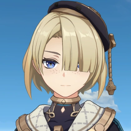 a closeup portrait of amber, a character from the game genshin impact. she has blonde hair, blue eyes, freckles, and is wearing a brown hat with gold accents. her expression is serious as she looks off to the side.