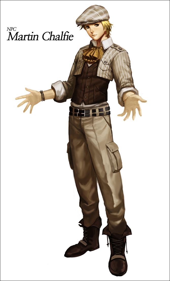 this is a digital illustration of a male character from a video game, a fantasy character with blond hair and brown eyes, wearing a brown vest, a white shirt, brown pants, a belt, and boots. he is wearing a plaid hat. the character is standing with both hands outstretched and looking at the viewer. the background is white.