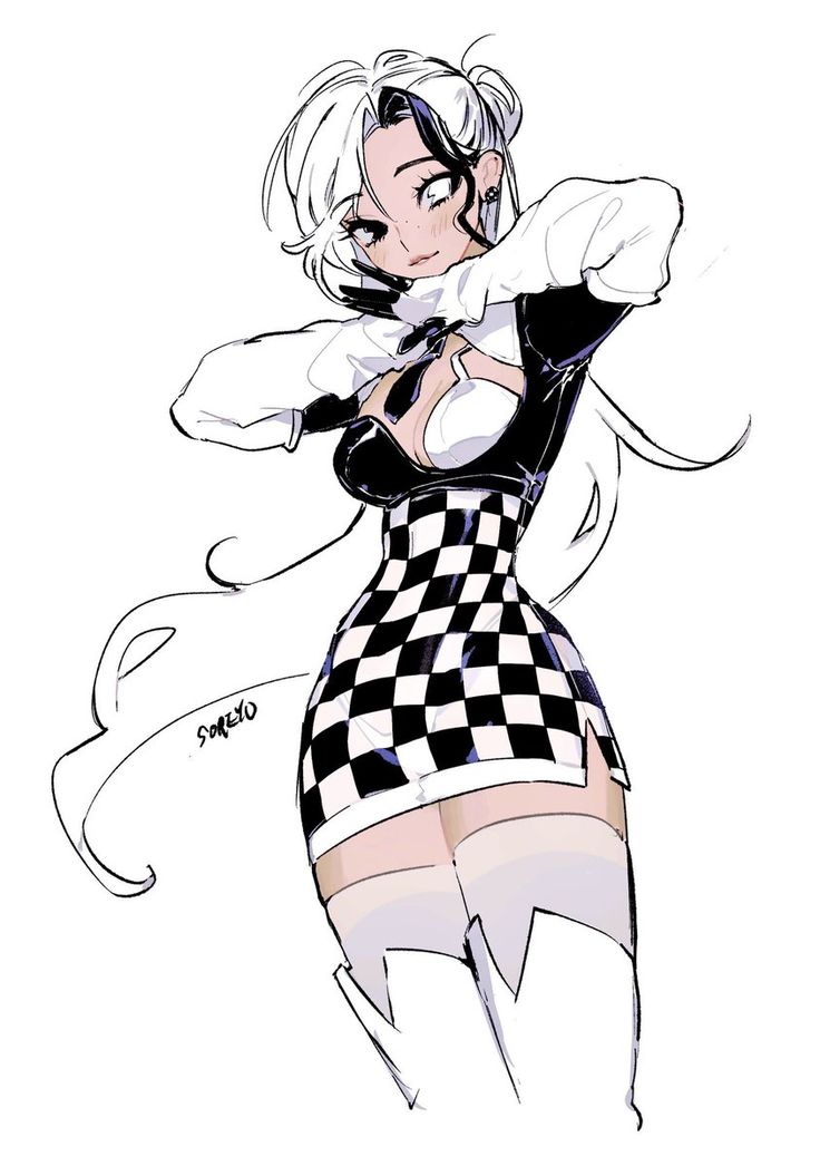 this is an illustration of an anime character wearing a black and white checkered dress. the girl has white hair and is facing towards the right. the art style is simple yet attractive.