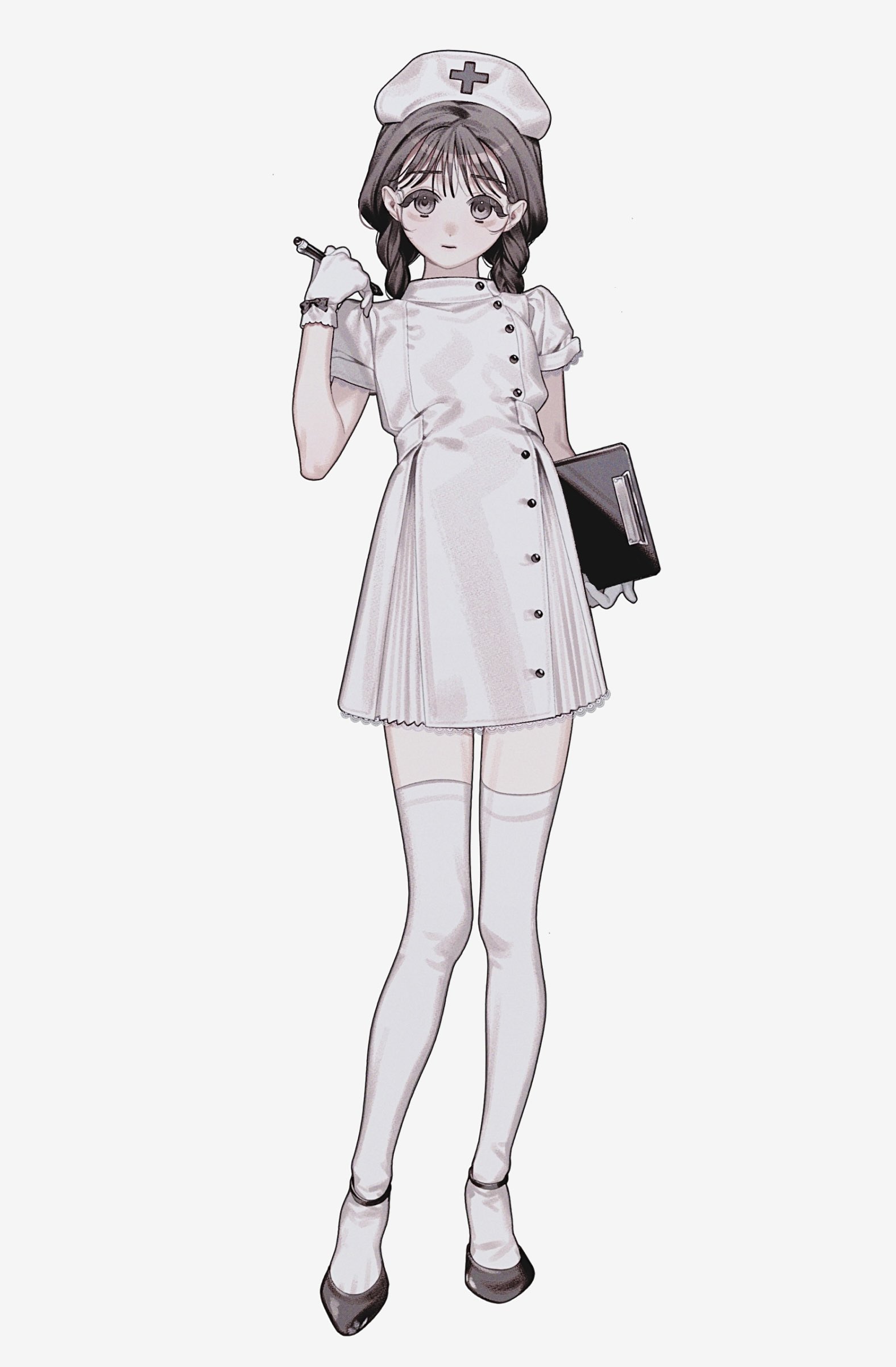 he image is a digital illustration of a young animestyle girl dressed in a nurse's uniform.  she's wearing a white pleated dress with buttons down the front, a white nurse's cap with a cross on it, white kneehigh socks, and dark shoes. she holds a pen in one gloved hand and a clipboard in the other. her expression is calm and somewhat serious. the overall style is soft and elegant with a pastel color palette and a slightly muted tone.