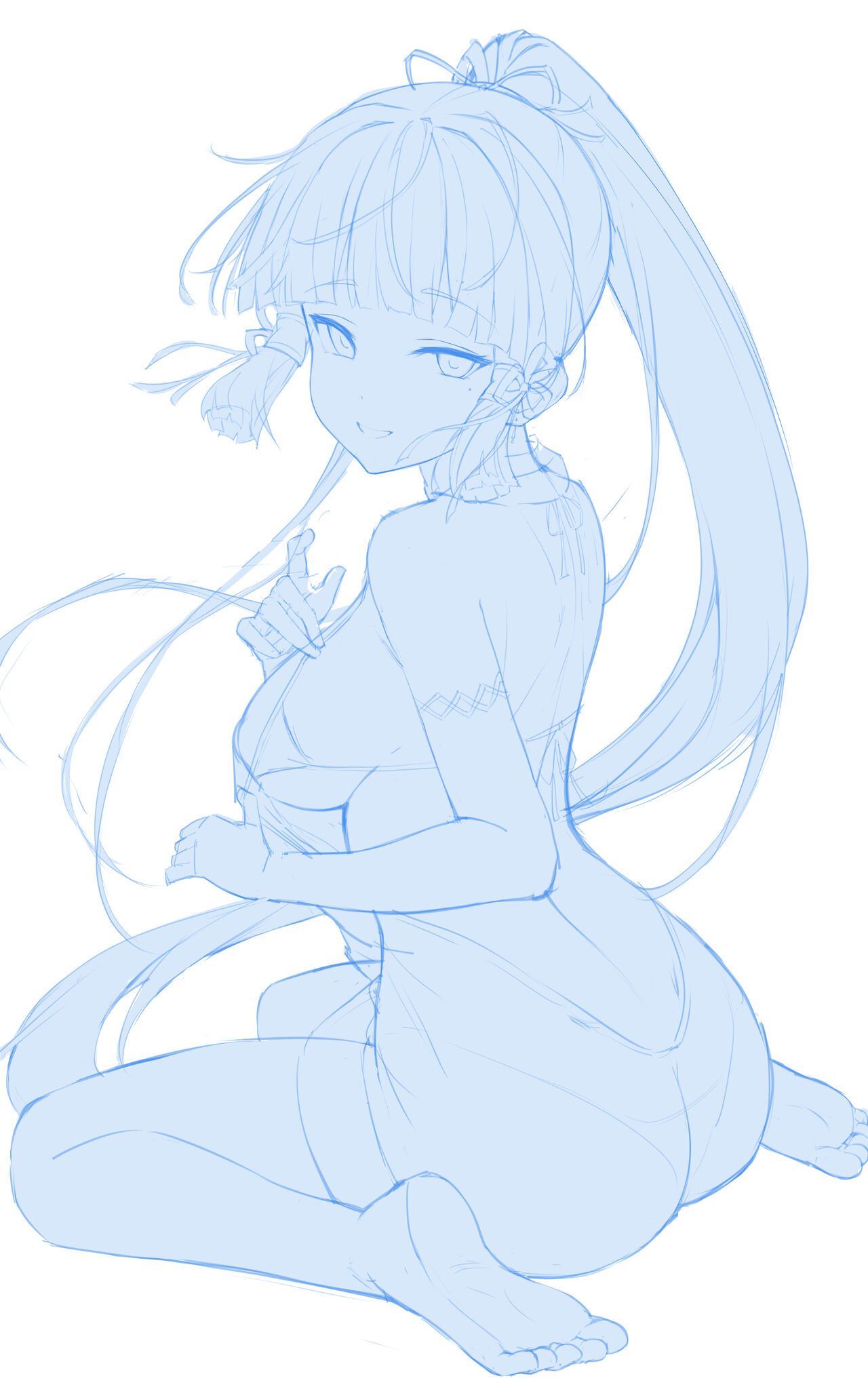he image is a light blue sketch or digital painting of an animestyle girl. she has long, flowing hair tied up in a high ponytail, and is sitting with her legs tucked under her. she is wearing a loose, revealing dress that leaves much of her body visible. the style is soft and delicate, with smooth lines and light shading. the overall impression is one of beauty and grace.