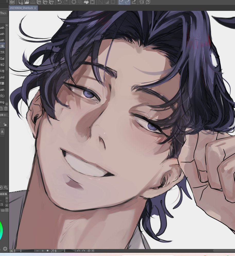 a digital illustration of a young anime man with black hair and blue eyes. he is smiling and looking slightly off to the side. he has a very detailed face and a soft, subtle color scheme.
