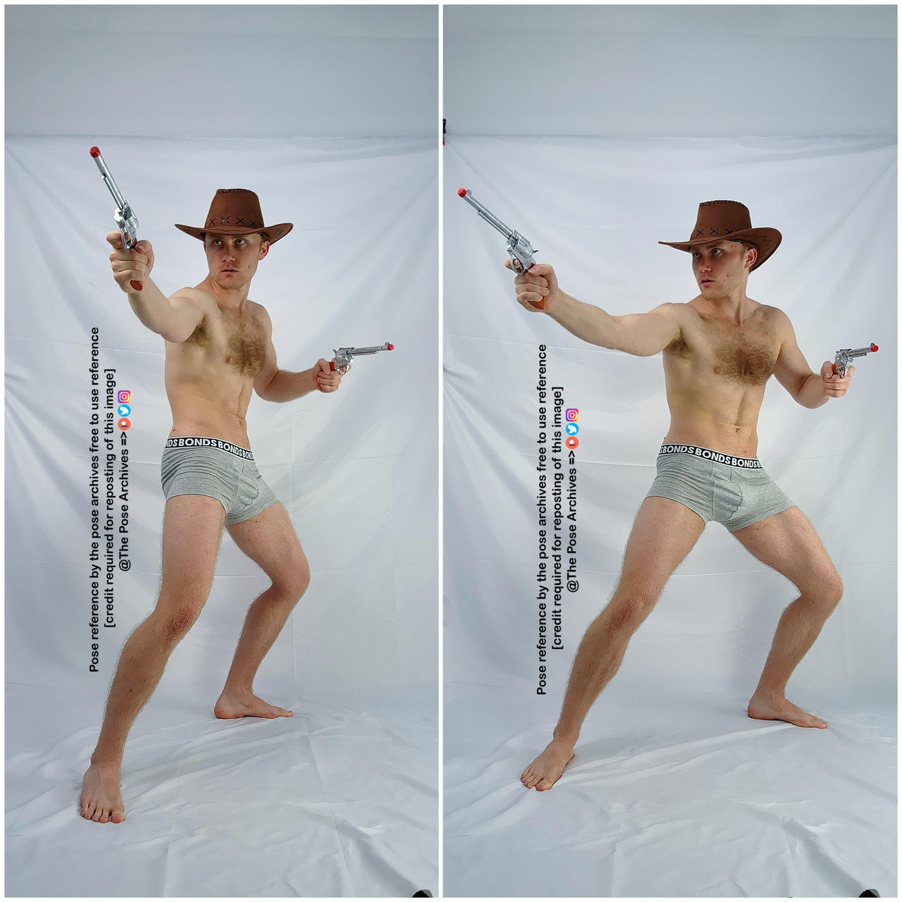 a man in a cowboy hat and underwear is posing with two guns in front of a white background. he is in two slightly different poses in the two halves of the image.