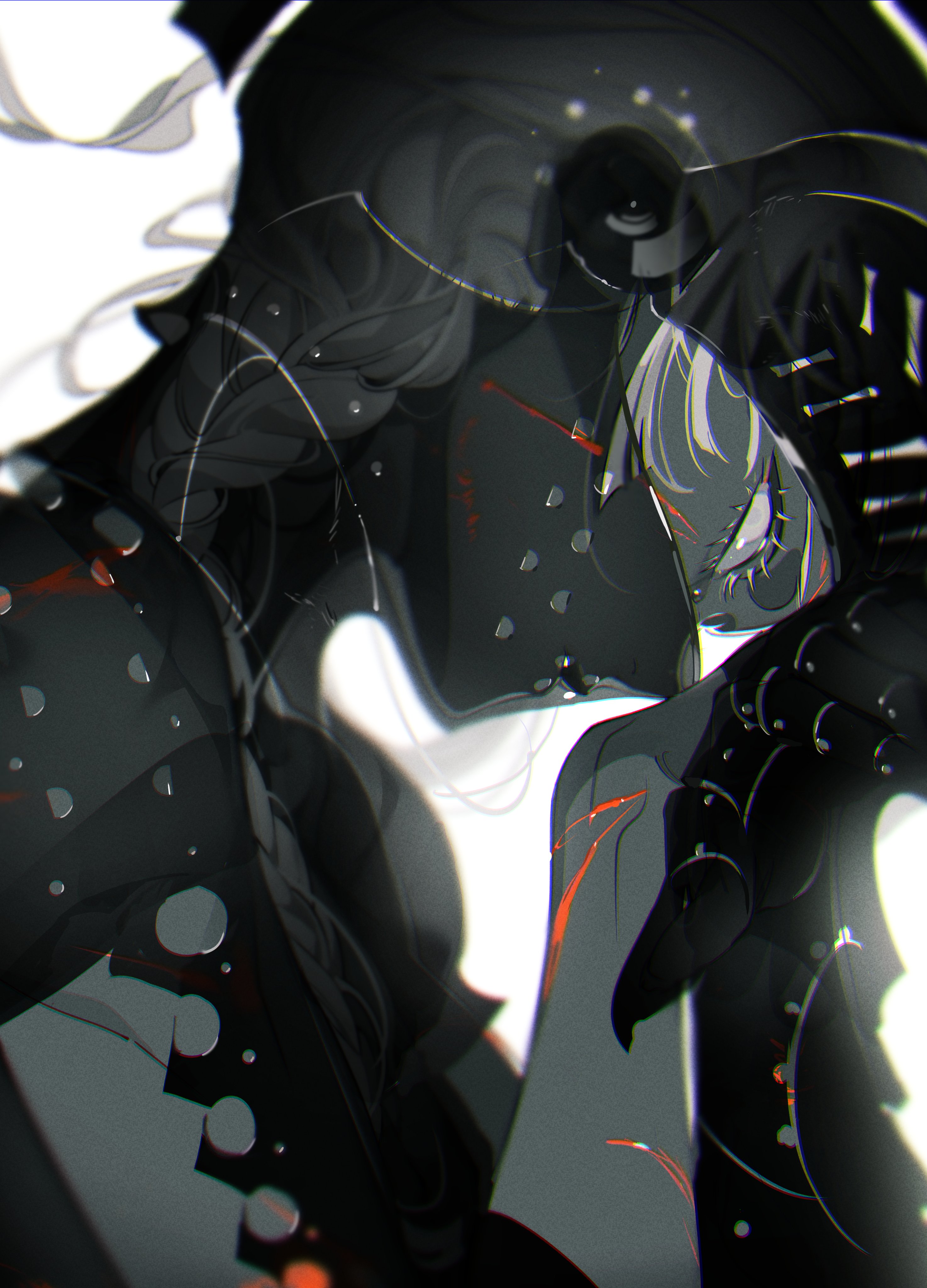 a black and white illustration of a woman with long white hair. her face is covered in blood and scars, and her eyes are wide with pain. she is lit from the side, creating a dramatic effect. the image evokes feelings of despair, sadness, and loneliness.