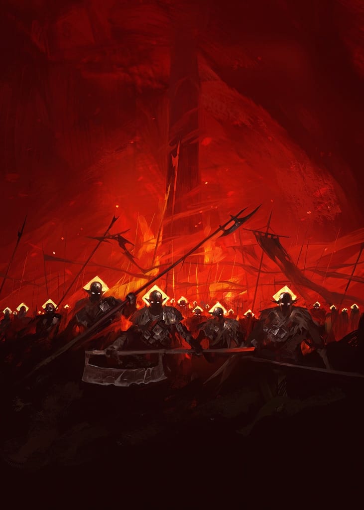 the image depicts a large army of dark, shadowy figures clad in armor, marching towards a fiery, hellish landscape.  they are armed with spears and carry banners.  the overall color scheme is dominated by intense reds and oranges of the flames and background, giving the scene a nightmarish and apocalyptic feel. the figures appear demonic or evil, their faces obscured, adding to the ominous atmosphere. a tall, dark tower is visible in the background, partially obscured by the fire and smoke. the style is dark fantasy, evoking a sense of impending doom and chaos.