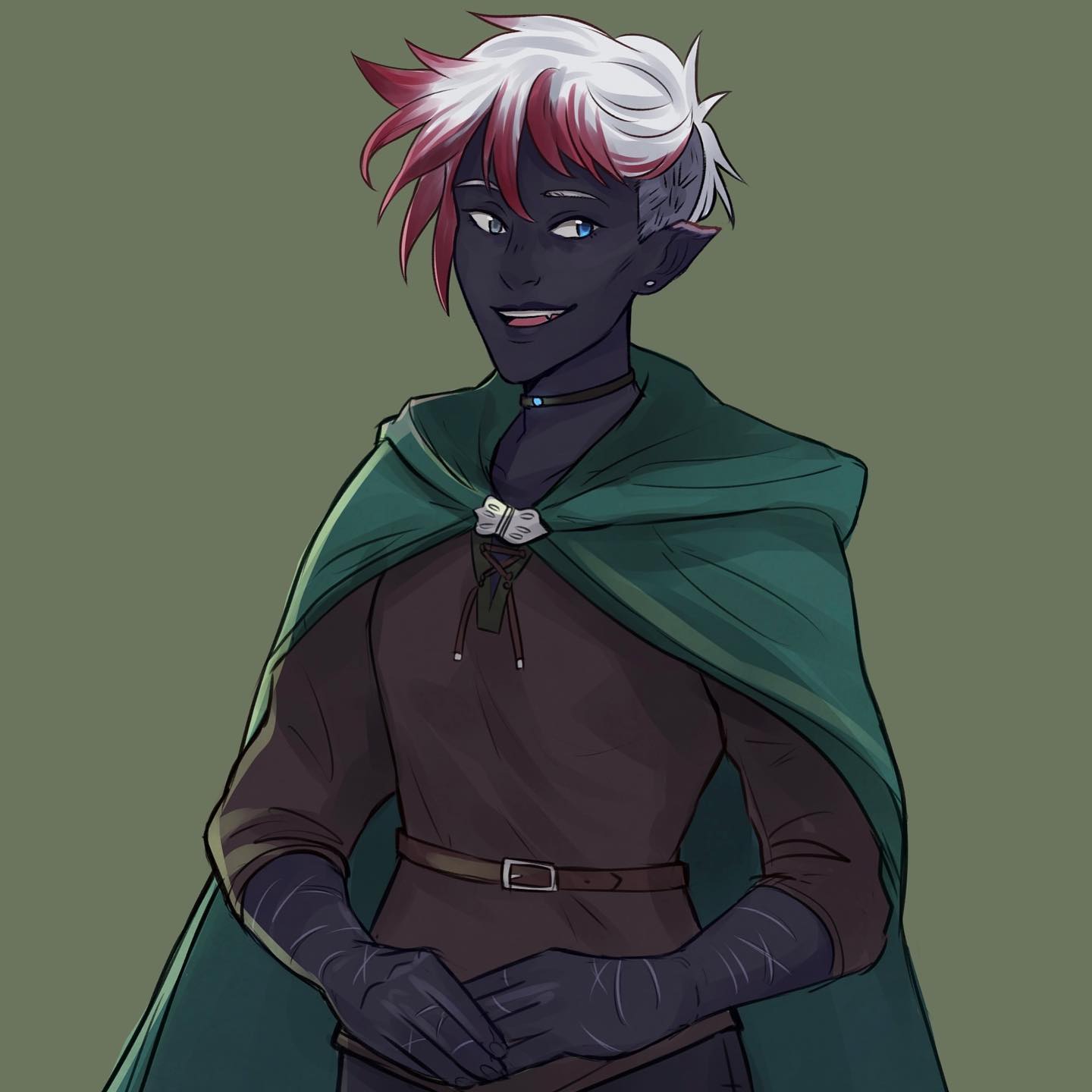 the image is a digital painting of a fantasy character, likely an elf or halfelf, with dark skin and striking red and white hair.  the character is depicted from the waist up, wearing a dark brown tunic with a brown leather belt, dark fingerless gloves, and a teal green hooded cloak.  they have pointed ears, and a small blue jewel is visible on a dark choker around their neck.  the character's expression is pleasant and friendly, and their overall style suggests a fantasy roleplaying game (rpg) setting such as dungeons and dragons (d&d). the artwork is detailed with shading and highlights that give a sense of depth and dimension to the character and clothing. the background is a muted green.