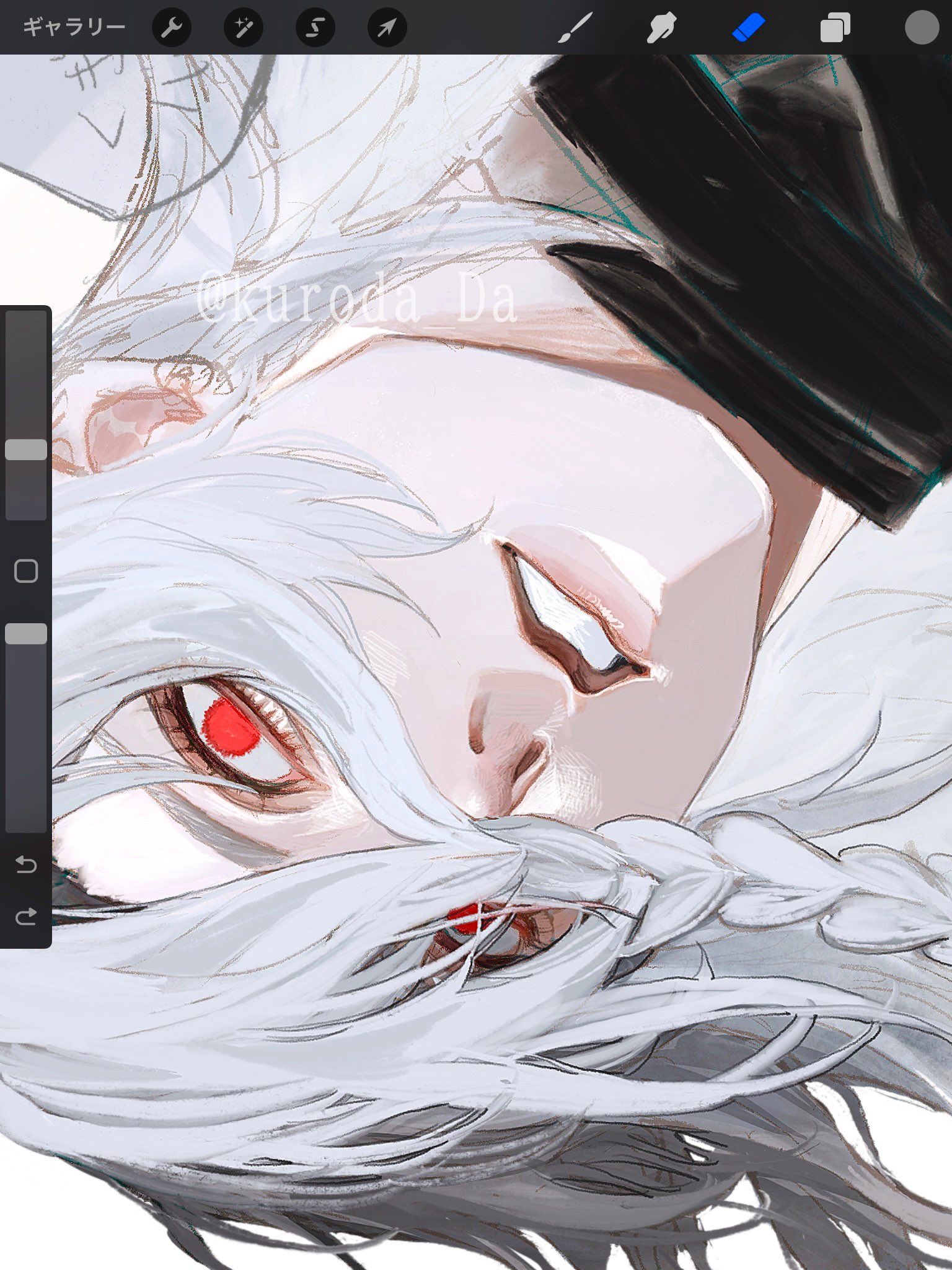 this is a digital artwork in progress, depicting a closeup portrait of a male character with striking white hair and intense red eyes. the drawing, seemingly done in a program like clip studio paint, showcases the artist's process with visible sketch lines and base colors. the perspective is from slightly below, creating a dynamic and engaging composition. the palette primarily consists of grays and whites, contrasted by the vibrant red of the character’s eyes. the overall impression is one of captivating intensity and allure.