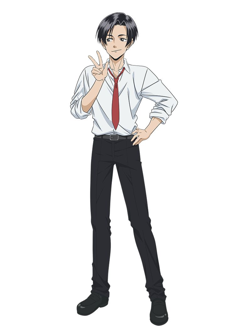 this is an anime illustration of a young male character in a school uniform. he is wearing a white shirt with a red tie, black pants, and black shoes. the character is making a peace sign with his right hand and is standing with his left hand on his hip. he has short black hair and brown eyes.
