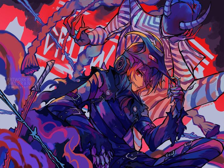 the image is a vibrant digital painting or illustration featuring two stylized characters. one character is prominently featured, wearing a dark, edgy outfit with hints of cyberpunk influence, and has bright, expressive red eyes. they are holding what appears to be a stylized sword or blade.  their pose is dynamic and actionoriented. behind them, a second character is partially obscured and wears a large, striped, almost masklike headpiece with horns.  the background is abstract and energetic, featuring a blend of red and blue tones with a graffitilike element incorporating the word "crim". the overall style is a blend of anime/manga aesthetics with a more painterly, abstract approach to the coloring and background. the artist's signature, "sayoran," is visible in the bottom right corner.