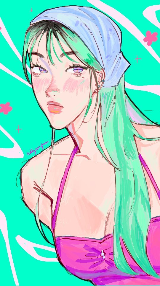 the image is a digital illustration of a stylized animestyle girl. she has long, mint green hair partially covered by a light blue headscarf. she's wearing a pink bikini top and has noticeable blush on her cheeks. the art style is soft and uses pastel colors with a vibrant background of turquoise and light pink accents. the overall aesthetic suggests summer or a beach setting. the artist's signature, "teddyinmygarden," is subtly placed on the artwork. the image's style leans towards a trendy, modern aesthetic often seen in online art communities.