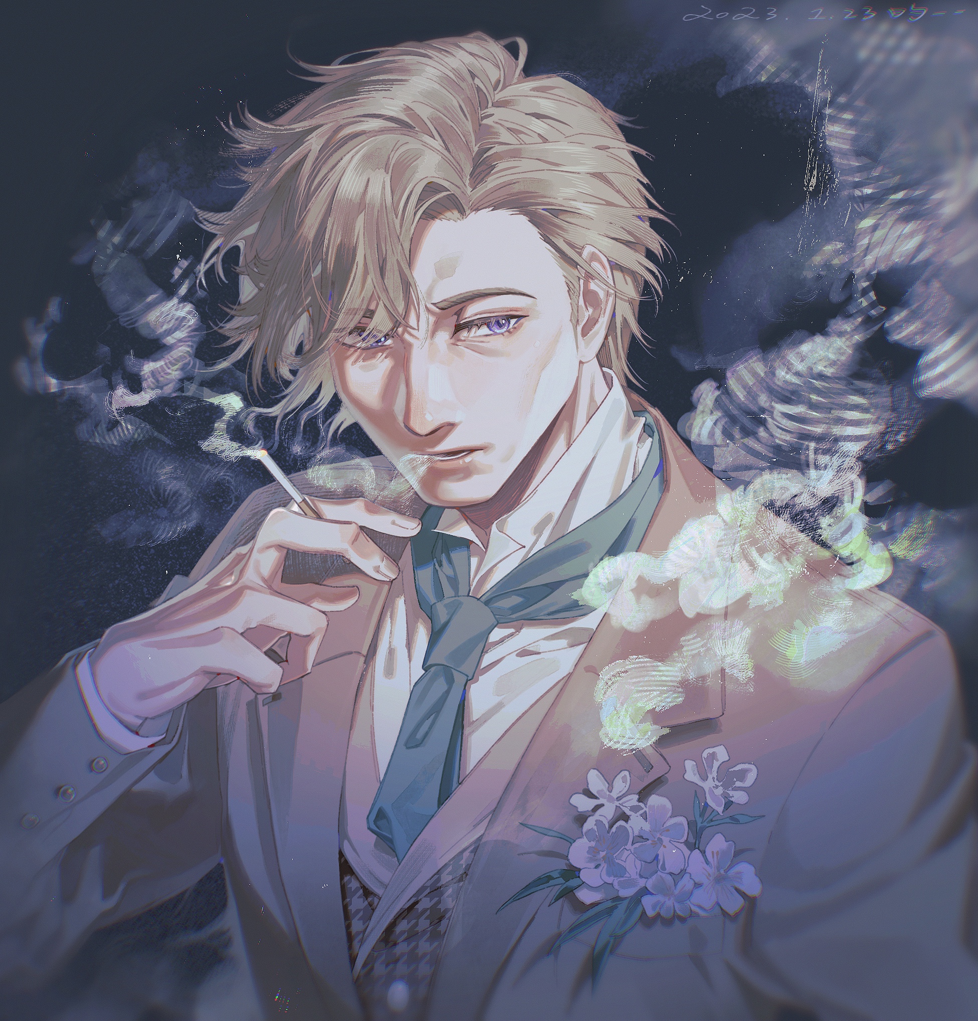 a young anime man with blond hair is wearing a suit with a green tie. he's smoking a cigarette, and there are purple flowers on his suit. the background is blurry and has a dreamy, magical look to it.