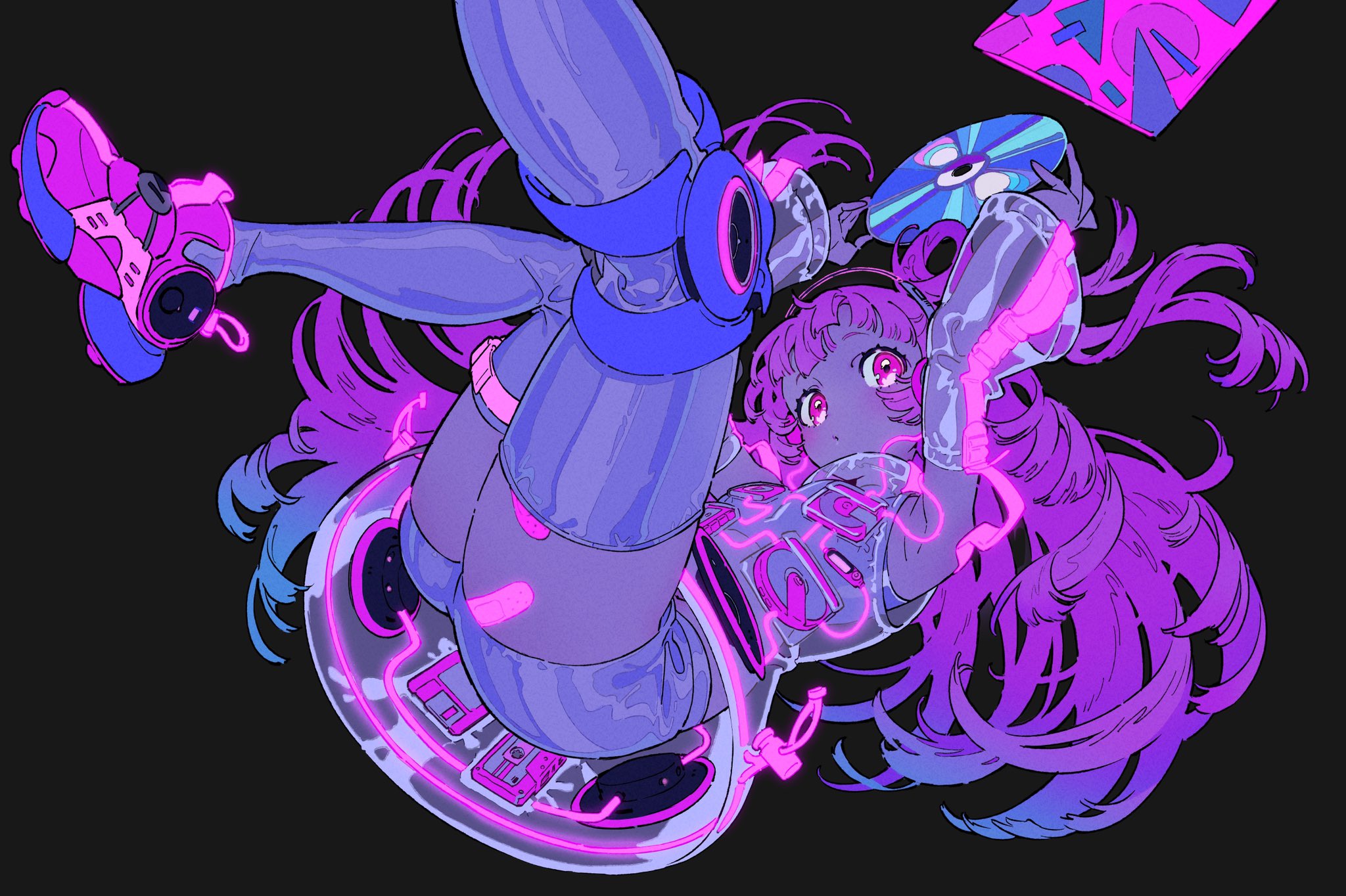 the illustration features a young woman with vibrant pink hair, styled in a way that defies gravity. she's adorned with neonlit accessories, including headphones and what appear to be futuristic roller skates. her outfit, primarily white and accented with blue and purple, is both stylish and suggestive. the overall aesthetic leans heavily towards cyberpunk and anime influences.  she floats against a stark black background, further emphasizing the vibrant colors and details of her attire and technology.