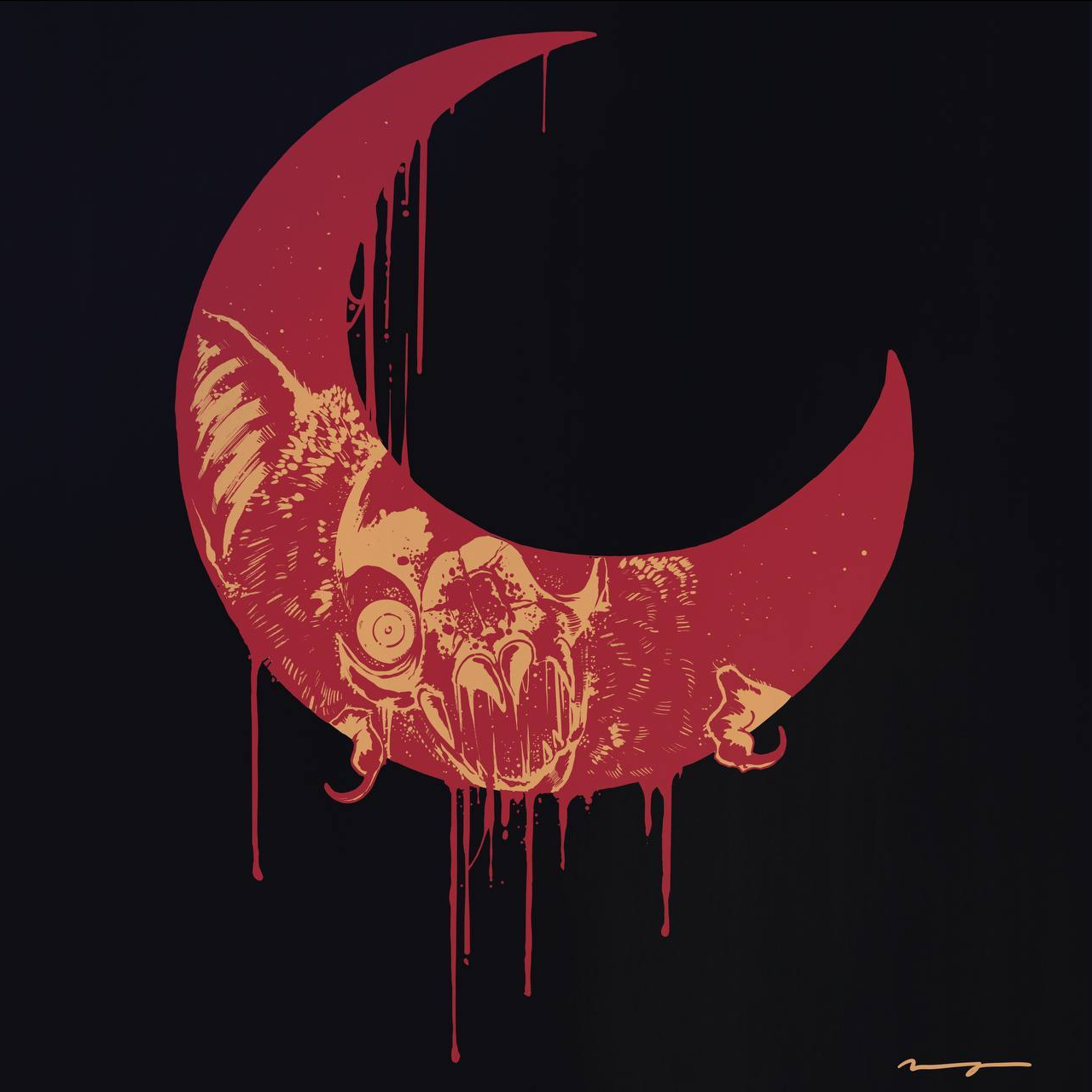 a stylized illustration of a bat within the crescent of a dripping, bloodred moon set against a dark background. the bat has a grotesque appearance with sharp teeth and wide eyes, emphasizing a sense of horror.  the dripping effect of the moon further enhances the eerie and unsettling atmosphere.