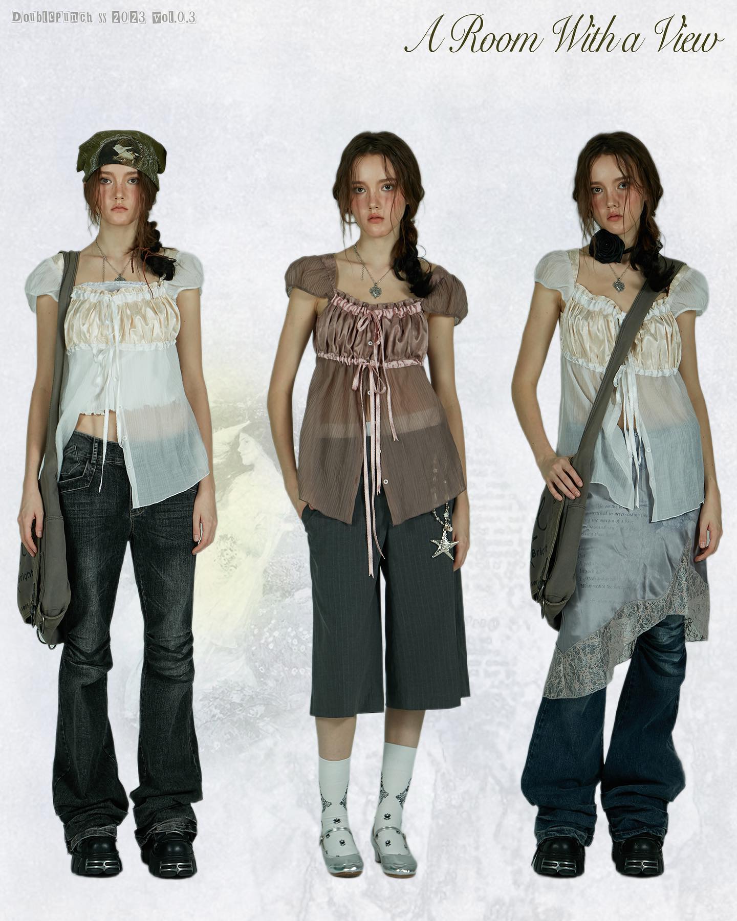 the image showcases three female models each wearing a different outfit against a lightcolored background. the models are dressed in a vintage or romantic style.  the top row displays a title: "a room with a view".  the first model on the left is wearing a white blouse, dark wash jeans, and a headband. the middle model is wearing a taupe blouse, grey culottes, and has her hair down. the model on the right wears a light blue blouse, blue jeans and a grey shoulder bag. all three models are posed similarly, showcasing their attire from head to toe. the overall style could be described as bohemian or vintageinspired.