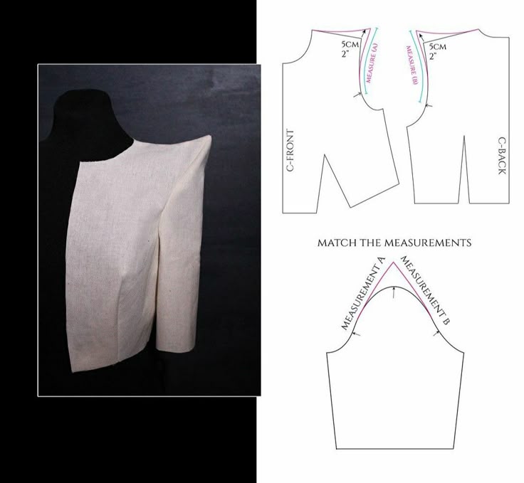 the image shows a garment with its sewing pattern. the pattern is divided into three parts: the cfront, the cback, and the sleeve. the measurements of the garment are indicated on the pattern.