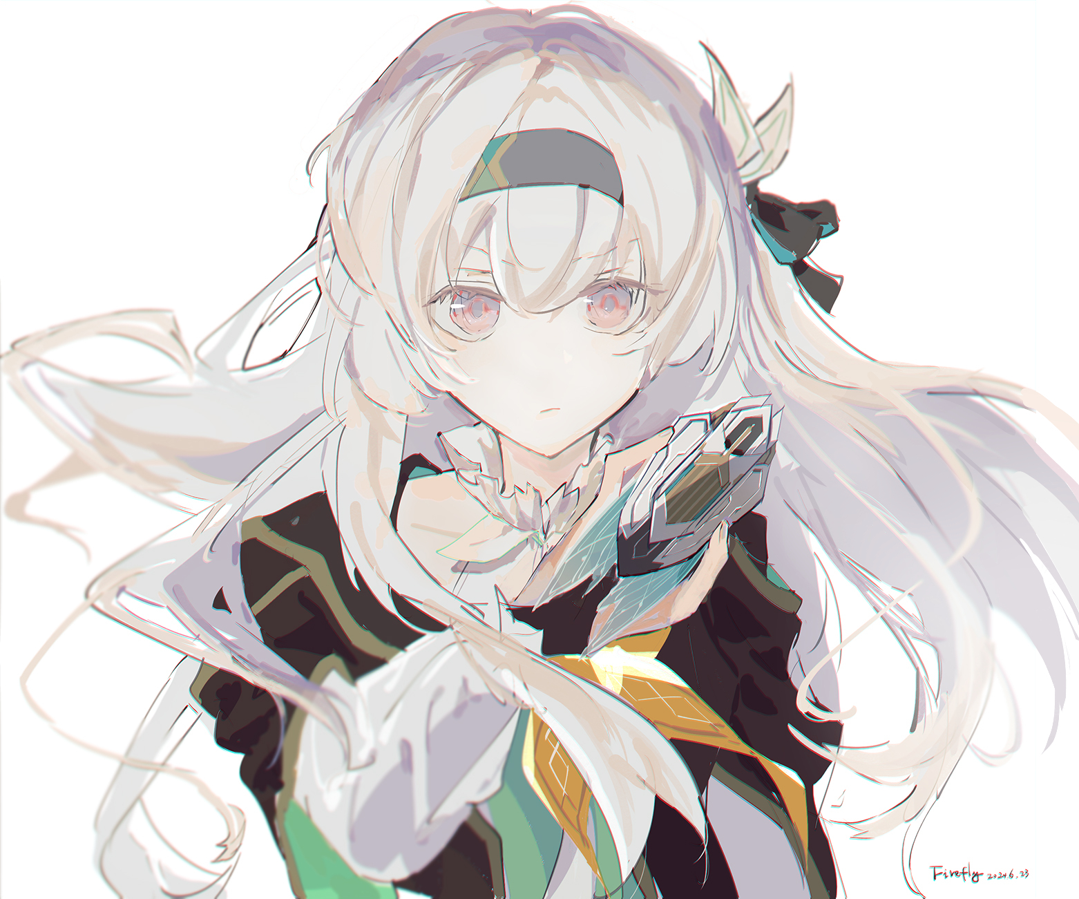 a closeup drawing of an anime girl with long white hair, green eyes, and a headband. she is wearing a dark green and white outfit and is holding a silver weapon in her right hand. she is looking at the viewer with a determined expression. the background is white.