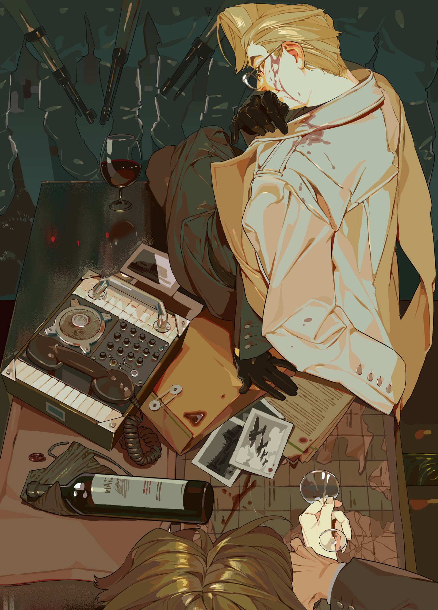 the image is an illustration depicting a man with blonde hair and glasses, wearing a suit and a trench coat. he is sitting on a table, surrounded by various objects such as a wine glass, a tape recorder, a briefcase, photographs, and a bottle of wine. there are also some weapons, which could be guns, in the background. there is blood on his face, neck, and coat. the scene is set with a dossier on the table, suggesting a mysterious or investigative atmosphere. there is also a person at the bottom of the illustration holding a wine glass.