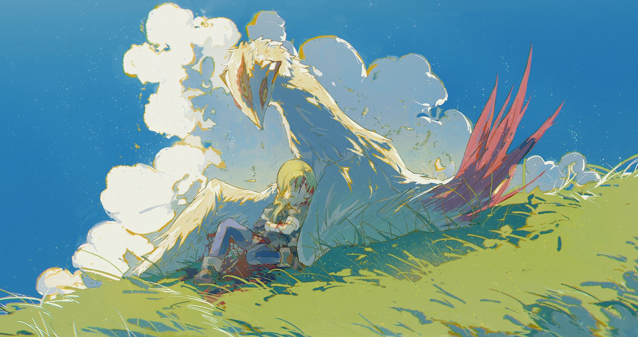 a digital illustration of a girl with blonde hair sleeping on a large bird creature. the girl is wearing blue pants and a white shirt, and the bird is white with red feathers. the two are lying on a grassy field under a blue sky with white clouds. the image is very detailed and colorful, creating a dreamlike atmosphere.