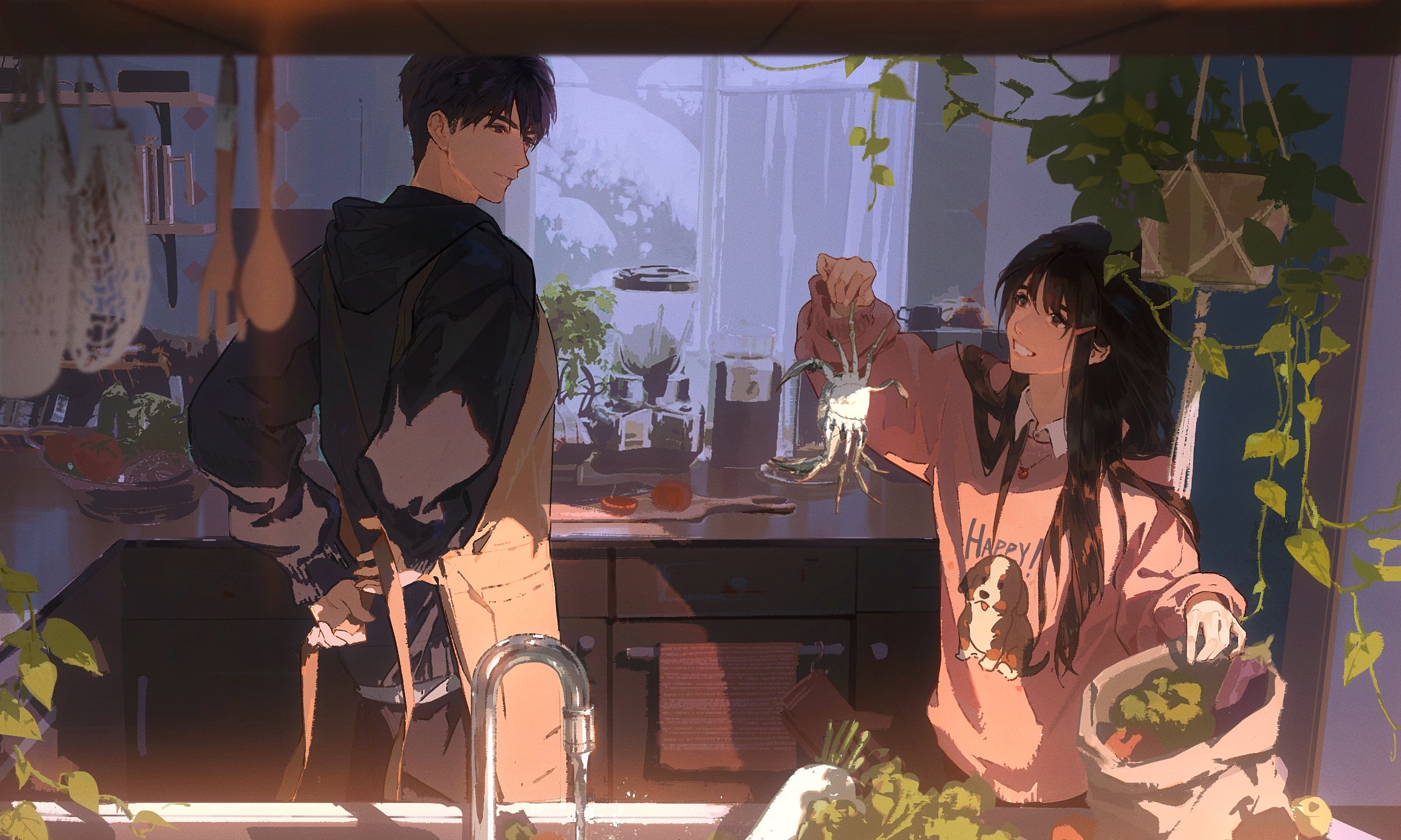 the image is a digital painting depicting an animestyle couple in a cozy kitchen. the girl, with long dark hair, is wearing a pink sweater with a dog graphic and is holding a crab and some vegetables. the boy, with short dark hair, has on a dark hoodie and apron, seemingly observing her.  sunlight streams into the kitchen, illuminating them and the various plants hanging around the room. the overall mood is peaceful and domestic, suggesting a happy and comfortable relationship. the art style is detailed and realistic, with soft lighting and shading that enhances the overall mood.